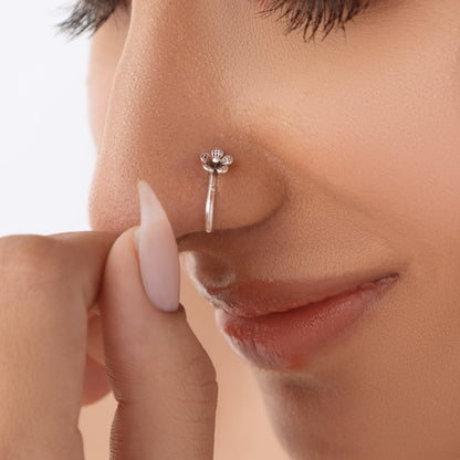 Clip On Floral Silver Nose pin